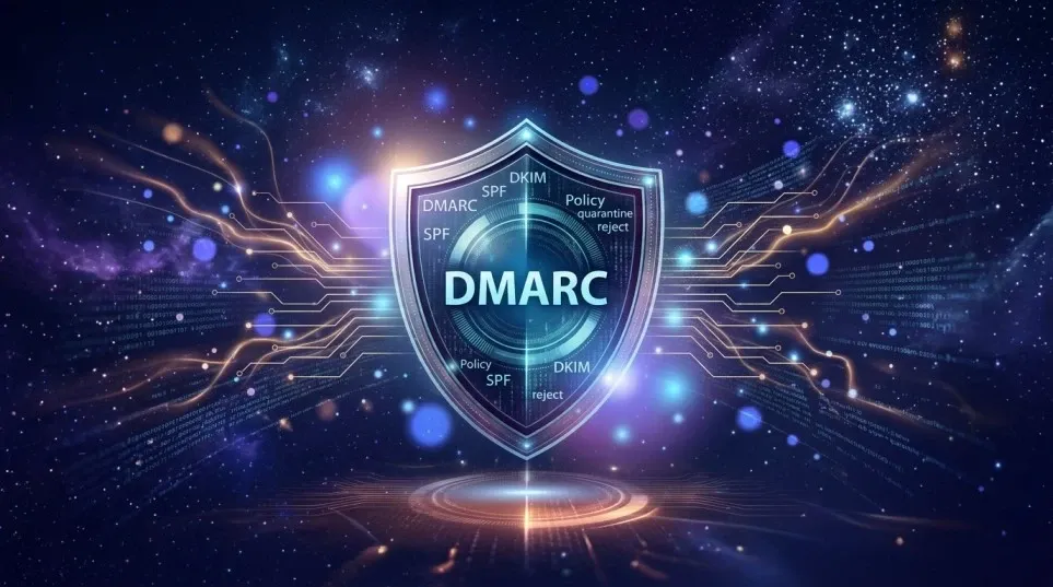 Glowing DMARC cybersecurity shield illustration with digital circuit lines and glowing light particles.