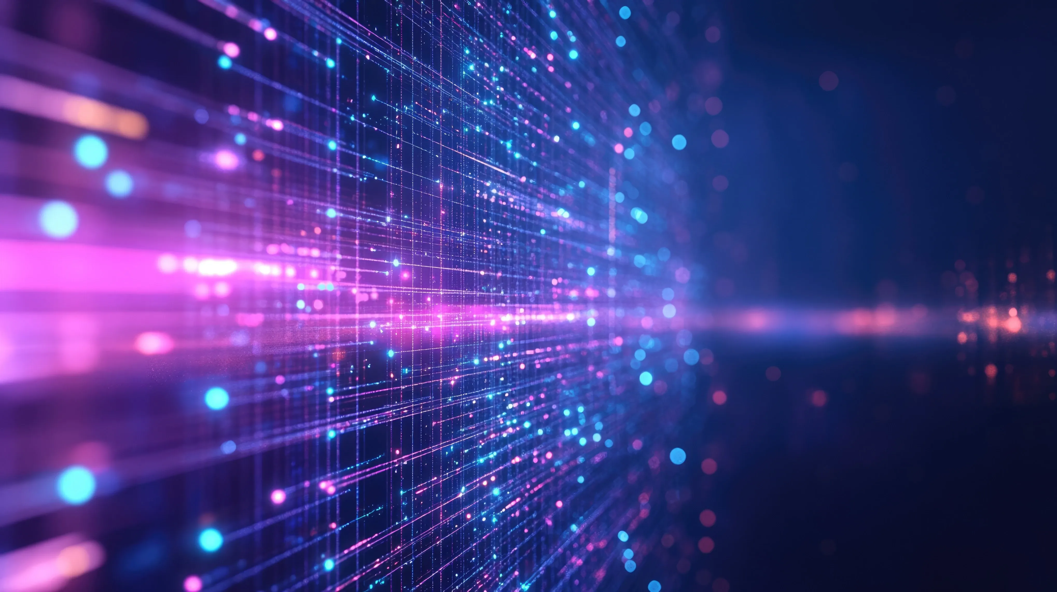 Abstract digital grid with glowing neon cyan, teal, and purple light trails symbolizing high-speed data transmission and connectivity.