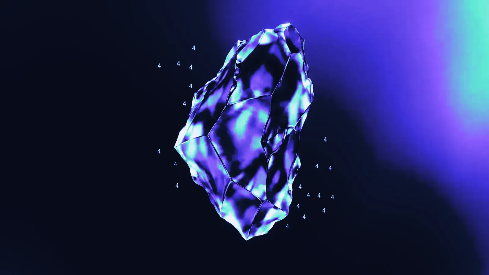 An iridescent crystal shard in violet and teal on a dark navy background, with small number 4s floating around it