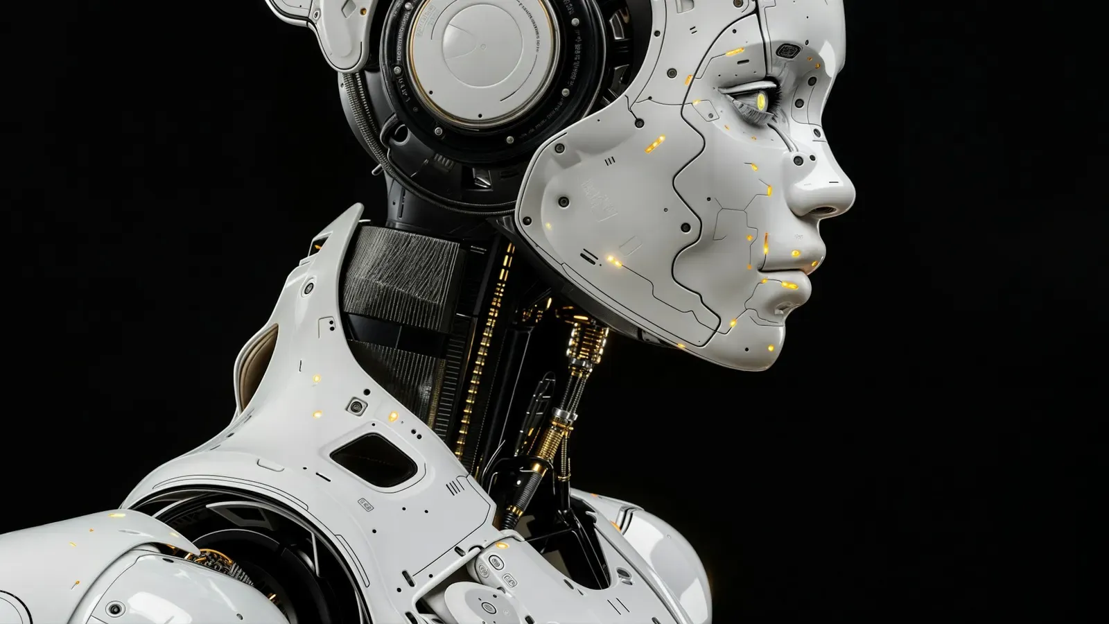 A white humanoid robot standing in front of a black background