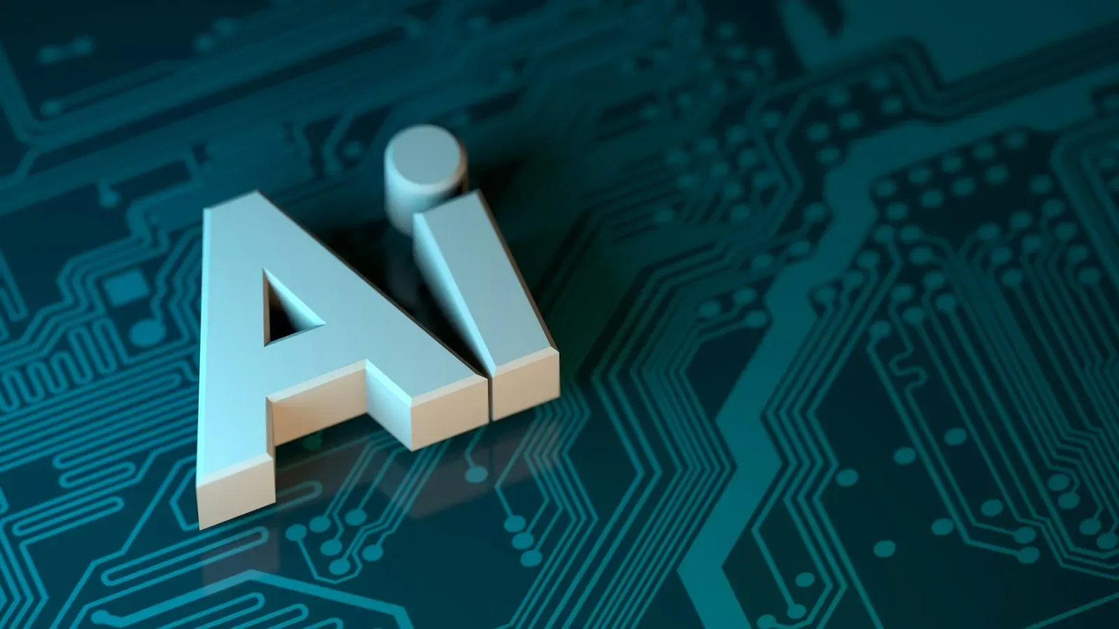 The letters AI in white on a dark teal circuit board