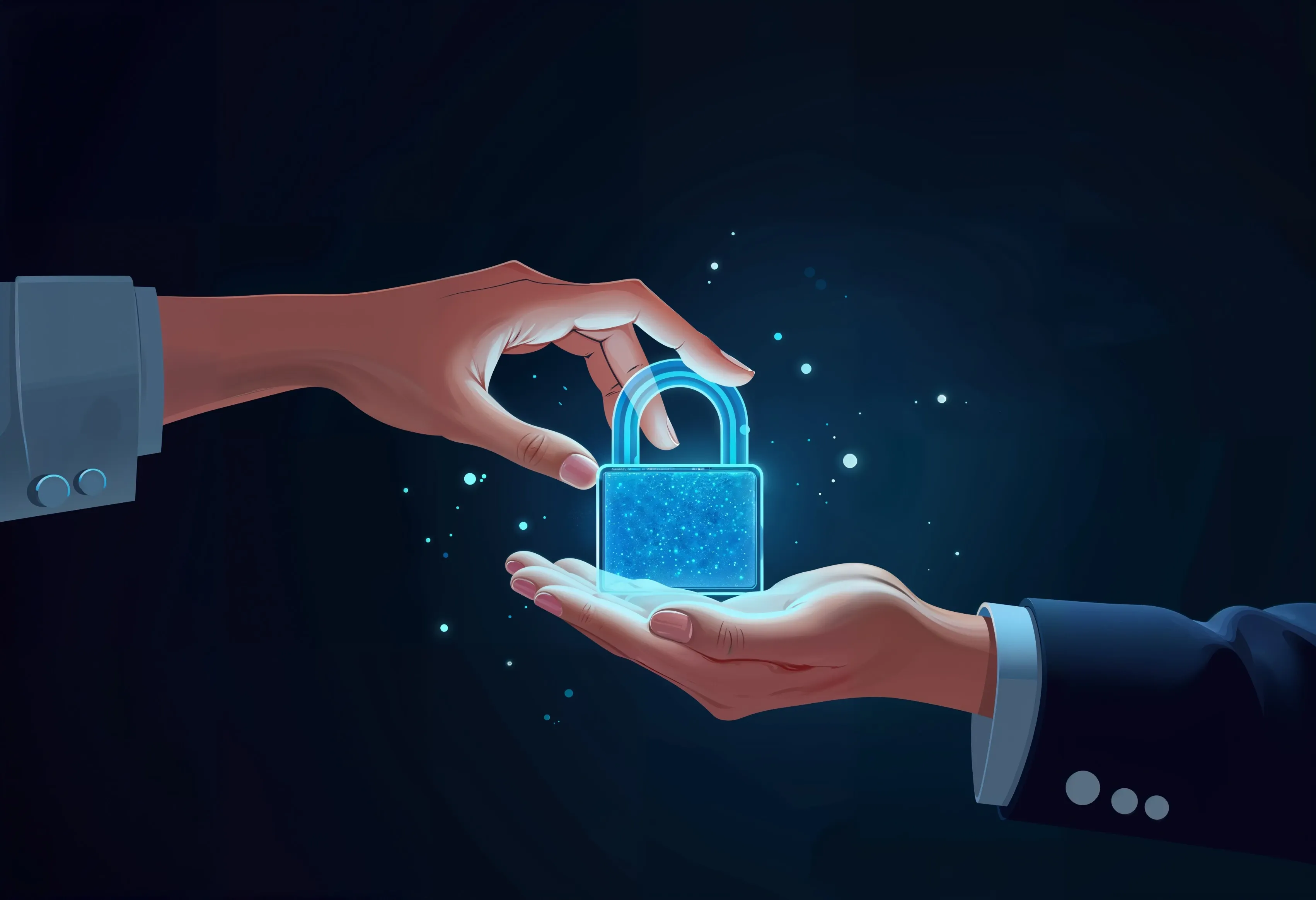 Stylized digital illustration on a dark background showing two hands safely passing a glowing neon blue security padlock, symbolizing website domain ownership recovery and secure asset transfer.